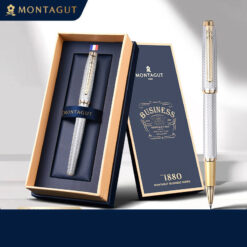 Bút bi ký tên Montagut 068 màu bạc dập vân cao cấp (kèm hộp đựng và túi)