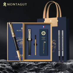 Bút ký tên cao cấp Montagut 088 chính hãng màu đen nắp vân tặng kèm 3 ngòi thay thế, túi và hộp