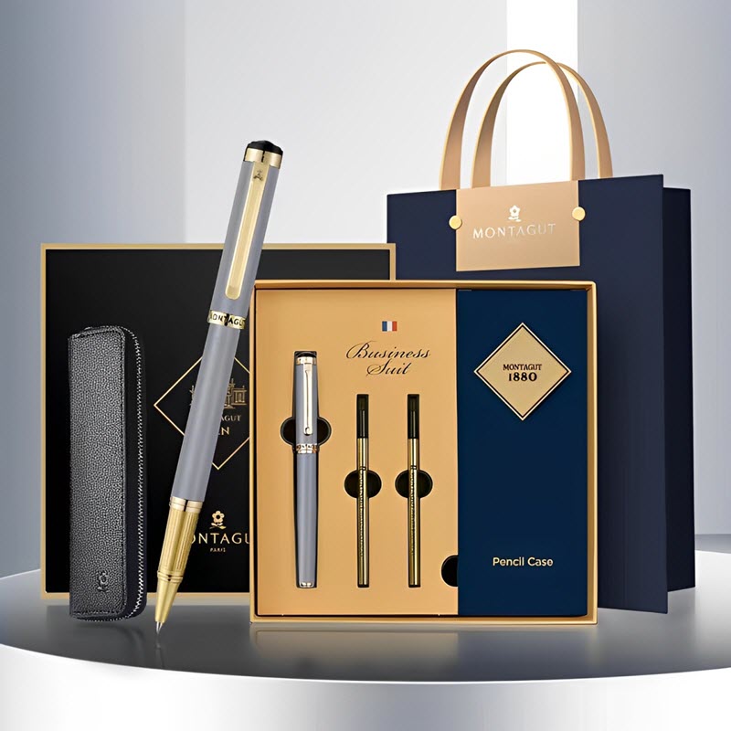 Set bút bi ký tên MT535 màu xám cao cấp kèm 2 ngòi và bao da