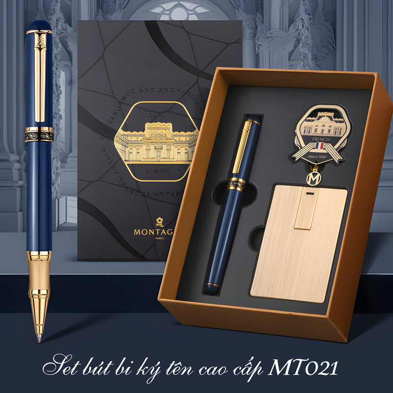 Set bút bi ký tên cao cấp MT021 màu xanh làm quà tặng