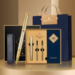 Set bút bi ký tên MT535 màu vàng ánh kim cao cấp kèm 2 ngòi và bao da